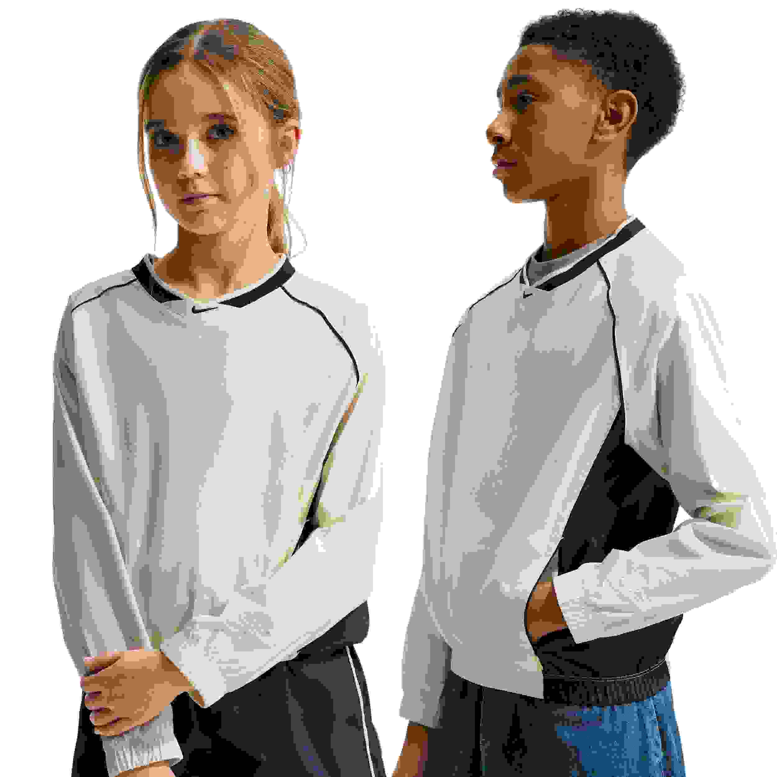 Nike Sportswear Woven V-Neck Big Kids' Cream/Navy Long Sleeve Top